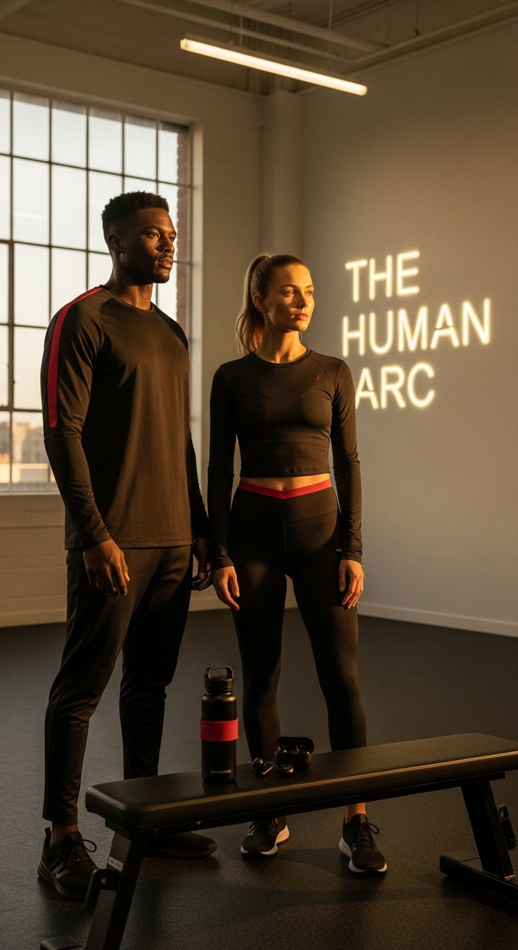 THE HUMAN ARC premium sportswear - Professional athlete wearing high-performance fitness clothing, showcasing quality activewear and athletic apparel for strength training